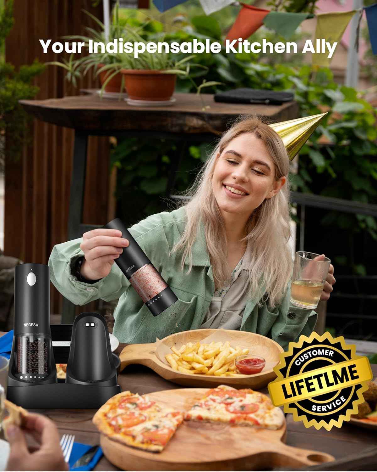 Electric Salt and Pepper Grinder Set with Rechargeable Base - Automatic Refillable Electric Salt and Pepper Shakers with Large Capacity, LED Light & Adjustable Coarseness, Black