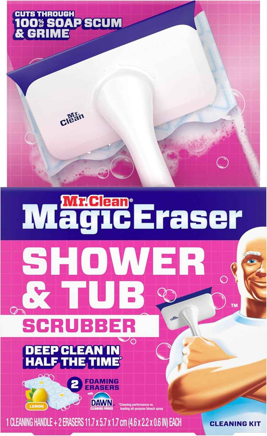 Mr. Clean Magic Eraser Shower & Tub Scrubber, Bathroom Cleaner, All in One Bathroom Cleaner, Lemon Starter Kit, 1 Scrubber & 2 Foaming Magic Erasers