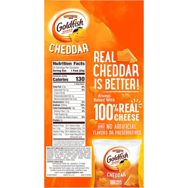 Goldfish Cheddar Cheese Crackers, 20 Count Box, 1 oz On-the-Go Snack Packs