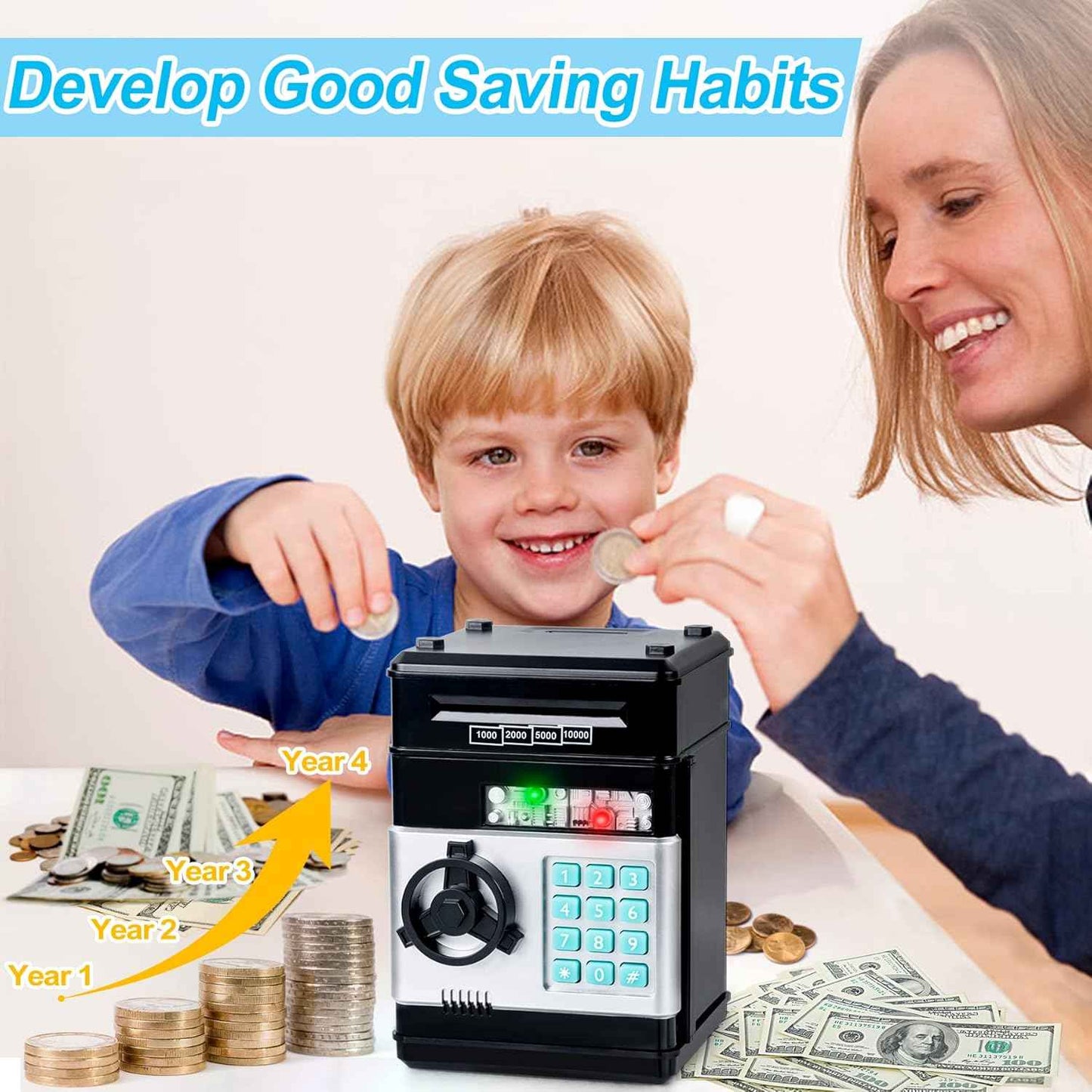 Refasy Piggy Bank Cash Coin Can ATM Bank Electronic Coin Money Bank for Kids Age 3-12, Money Savings Box Mini ATM Coin Bank Toys Gifts for 3 4 5 6 7 8 9 10 11 12 Year Old Boys Girls