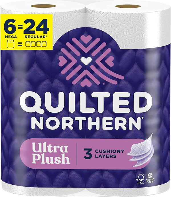 Quilted Northern Ultra Plush 3X Thicker 3X Absorbent 3 Ply Soft Toilet Tissue, 6 Mega Rolls, 24 Regular Rolls