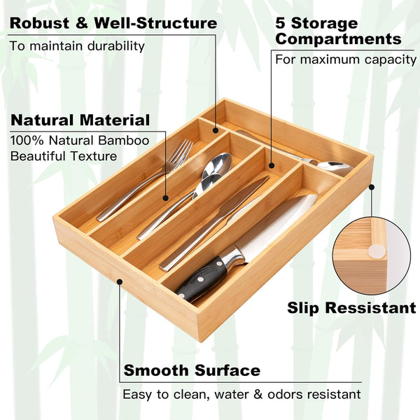 Bamboo Silverware Organizer for Kitchen Drawer with 5 Slots