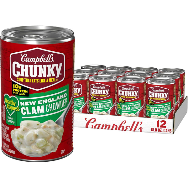 Campbell's Chunky New England Clam Chowder Soup, 18.8 Oz Can, Microwavable, 12 Grams Protein