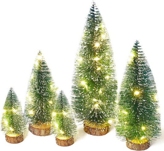 Mini Christmas Tree with Lights, Small Table Top Decorations, Desktop Miniature Pine Tree Xmas Holiday Decor Indoor Home, Bottle Brush Trees with Wooden Base, 5 Pcs with Light