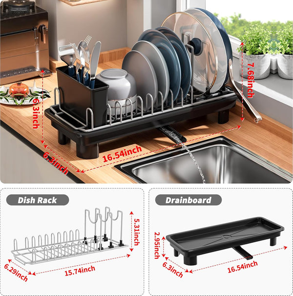 SanDream Small Dish Drying Rack with Removable Utensil Holder & Anti-Scratch Base