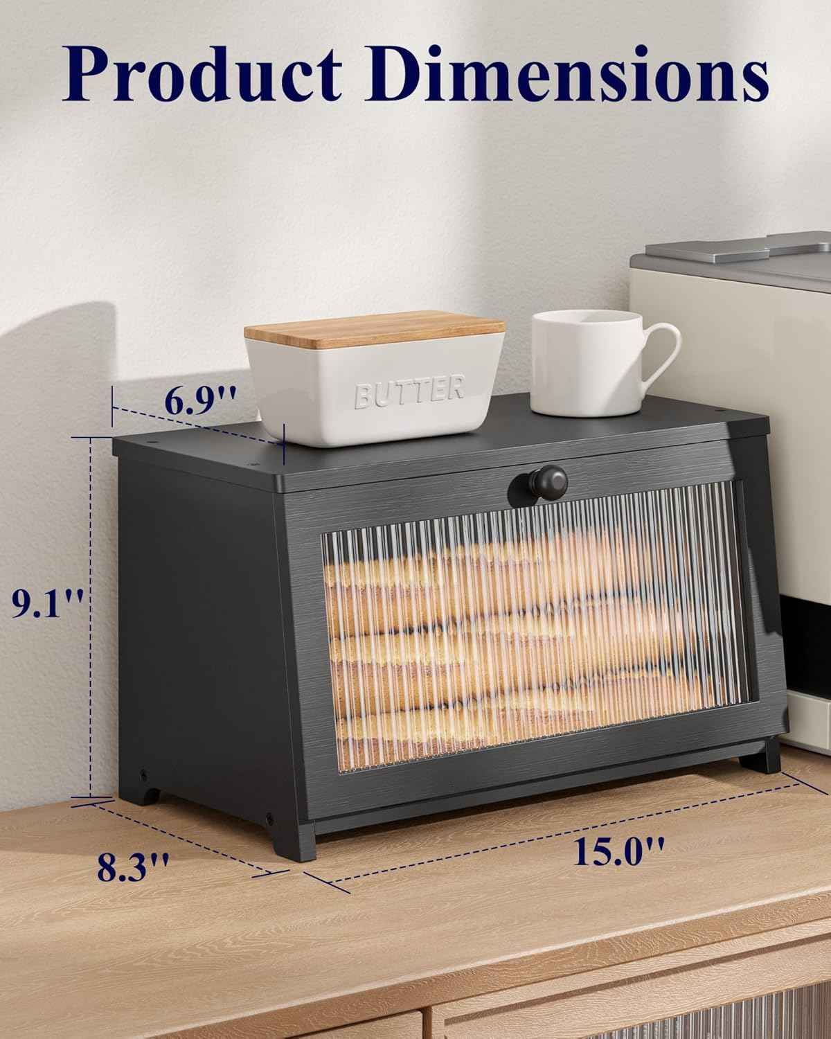 Kitsure Bread Box - Wooden Bread Box for Kitchen Countertop, Large Capacity Kitchen Countertop Organizer, Stylish Bread Storage with Window, Multi-functional Container, Black, 15.0"x8.3"x9.1" (1T)