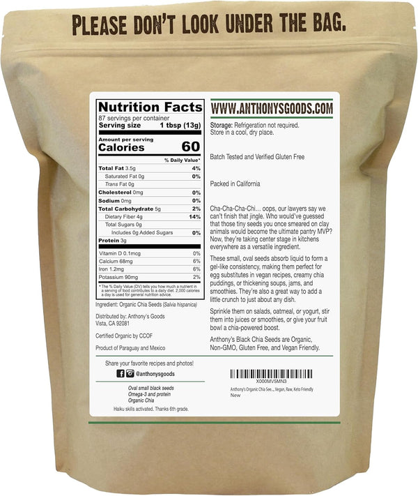 Anthony's Organic Chia Seeds, 2.5 lb, Gluten Free, Vegan, Keto Friendly