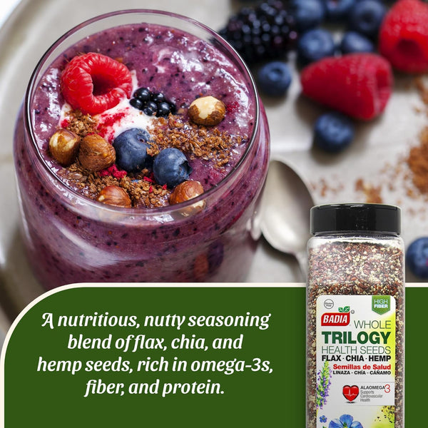 Badia Trilogy Health Seed Blend, Gluten-Free, High Fiber, Omega-3, 21 oz, Flax, Chia, Hemp Seeds
