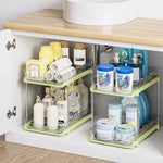 Delamu 2-Tier Multi-Purpose Bathroom Under Sink Organizers and Storage, Stackable Kitchen Pantry Organization, Pull Out Medicine Cabinet Organizer with Movable Dividers, White, 2 Pack