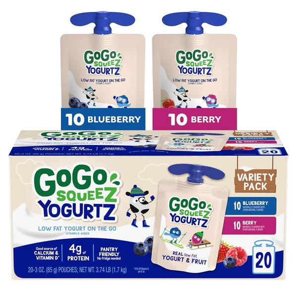 GoGo squeeZ Low Fat YogurtZ Variety Pack, 20 Pouches, Kids Snacks, Real Yogurt and Fruit, Gluten Free, Nut Free, BPA Free