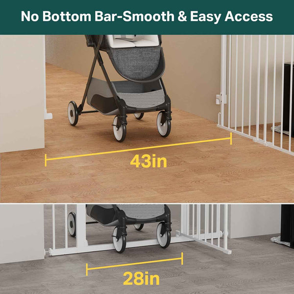 Cumbor 29.2–43" Baby Gate for Stairs, Wall-Mounted (Drill Required), Expandable No Bottom Bar Dog Gate, Auto Close Extra Wide Walk Thru, Pet & Toddler Proof Gate, Top & Bottom of Stairways (White)