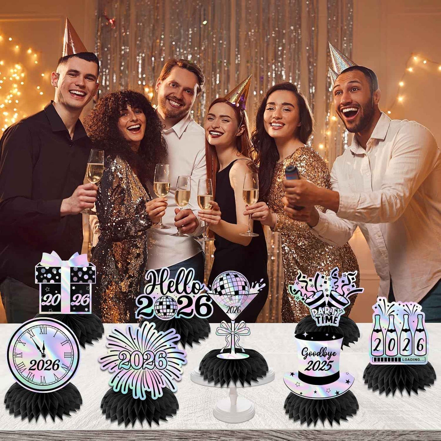 Happy New Year 2026 Honeycomb Centerpieces,Iridescent New Years Eve Decorations 12pcs New Years Table Decorations Centerpiece for 2026 New Year's Eve Supplies