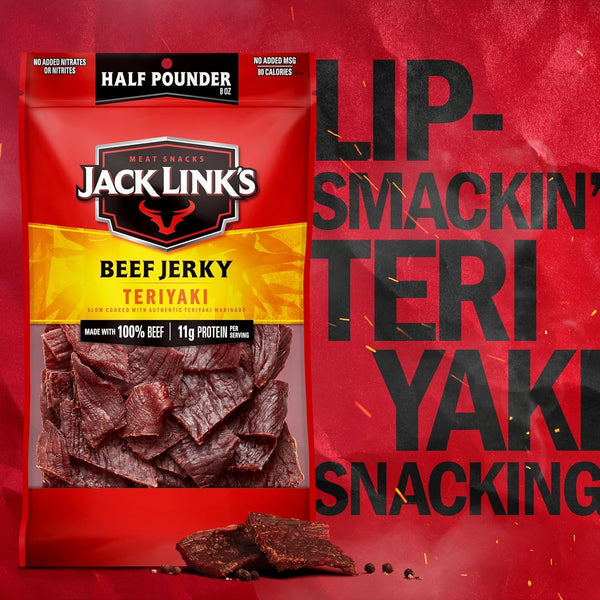 Jack Link's Teriyaki Beef Jerky Half Pounder 8 oz Large Jerky Bag Real Meat Protein Snacks