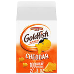 Goldfish cheddar cheese crackers, 27.3 oz carton, 100% real cheese, plant-based colors, 55 pieces per serving