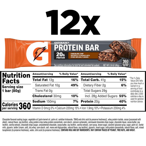 Gatorade Whey Protein Recover Bars, Chocolate Chip, 2.8 ounce, Pack of 12