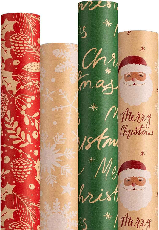 Christmas Kraft Wrapping Paper (4 Rolls, 93 sq. ft. ttl) Santa Claus, Snowflakes, Merry Christmas Script, Pinecones and Foliage Patterns for Holiday Gift Wrap - 17 Inches x 16.5 Feet Per Roll