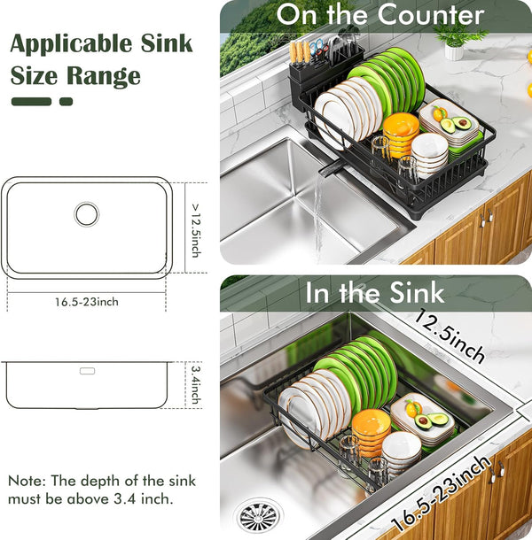 Space-Saving Dish Drying Rack for Kitchen Counters, Black