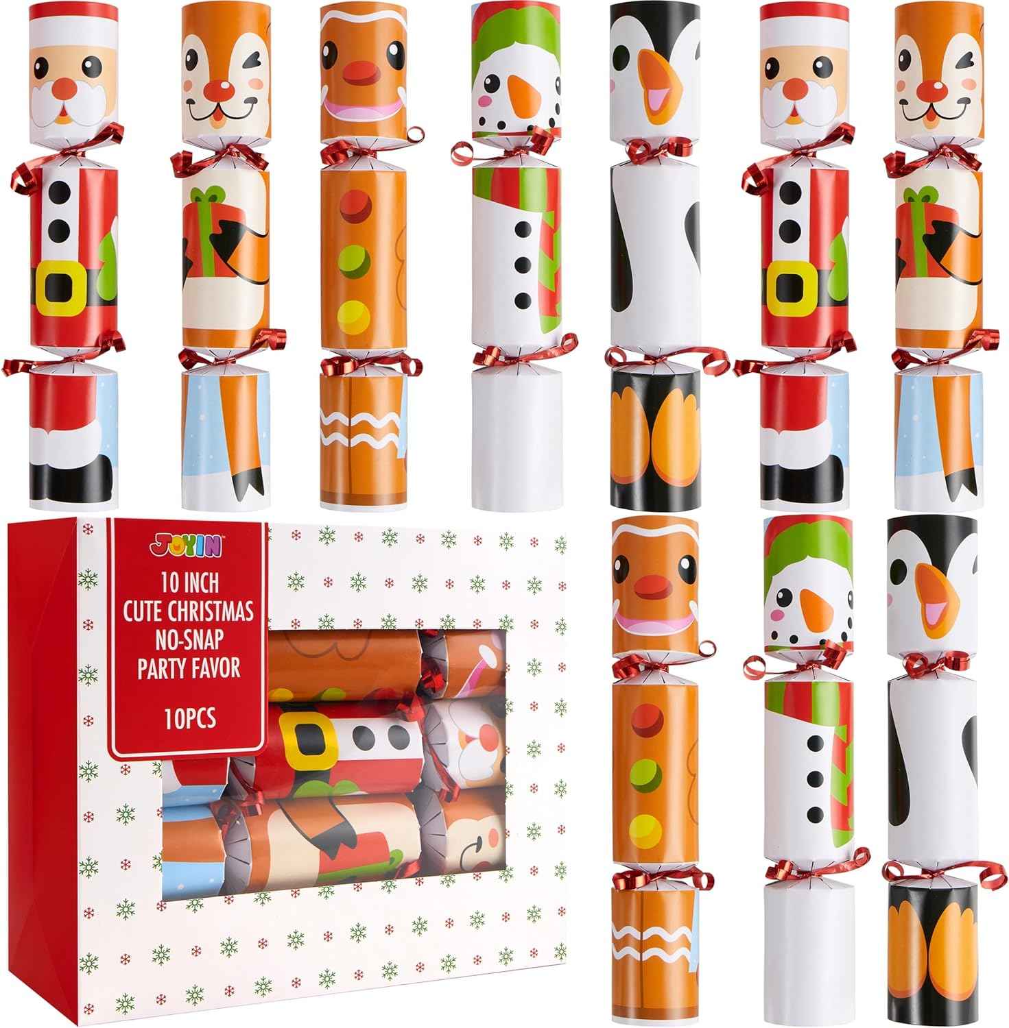 JOYIN 10 Pack Christmas Non-Snap Party Favor with Cute Characters, Includes Party Hat, Joke & Gift, Christmas Table Decorations for Holiday Dinner Traditions Supplies, Stocking Stuffers for Kids