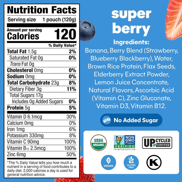 Noka Superfood Fruit Smoothie Pouches with Immune Support, Super Berry, Healthy Snacks with Vitamin C, Plant Protein, Flax Seed, Gluten Free, Squeeze Pouch, 4.22 oz (Pack of 12)