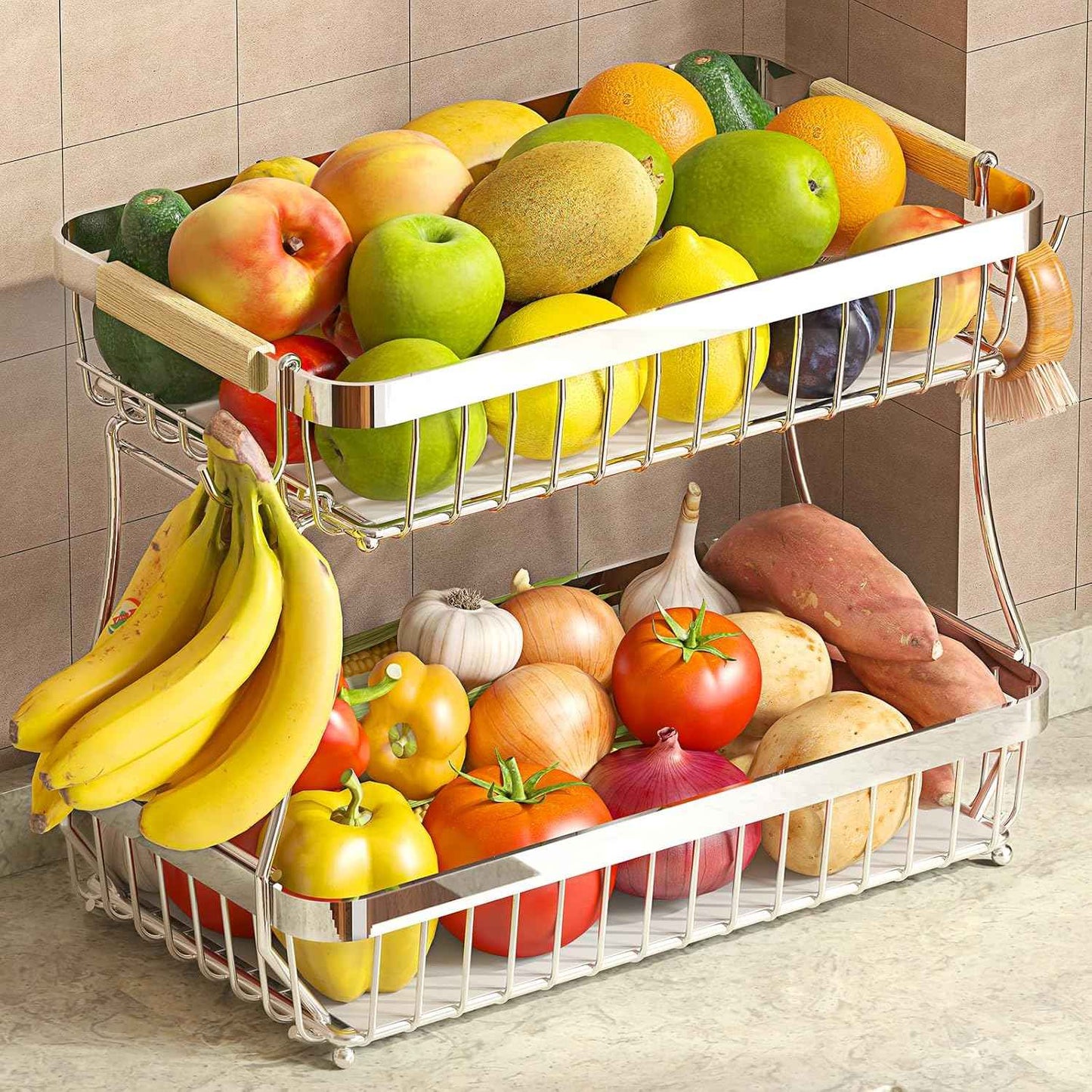 2 Tier Fruit Basket for Kitchen Counter with 2 Mobile Banana Hangers, 2025 Pro Detachable Metal Fruit Bowl with Wooden Handle, Fruit Holder for Bread Snack Veggies with Protective Mats
