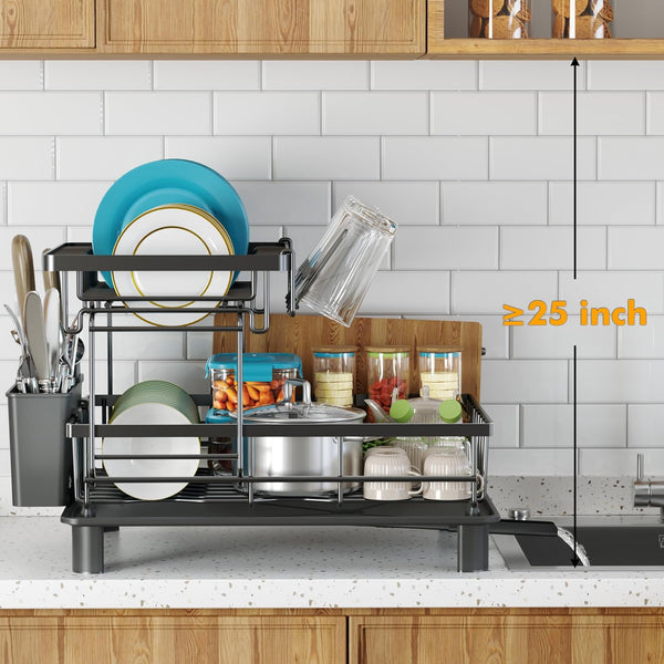 Compact 2 Tier Dish Drying Rack for Kitchen Counter