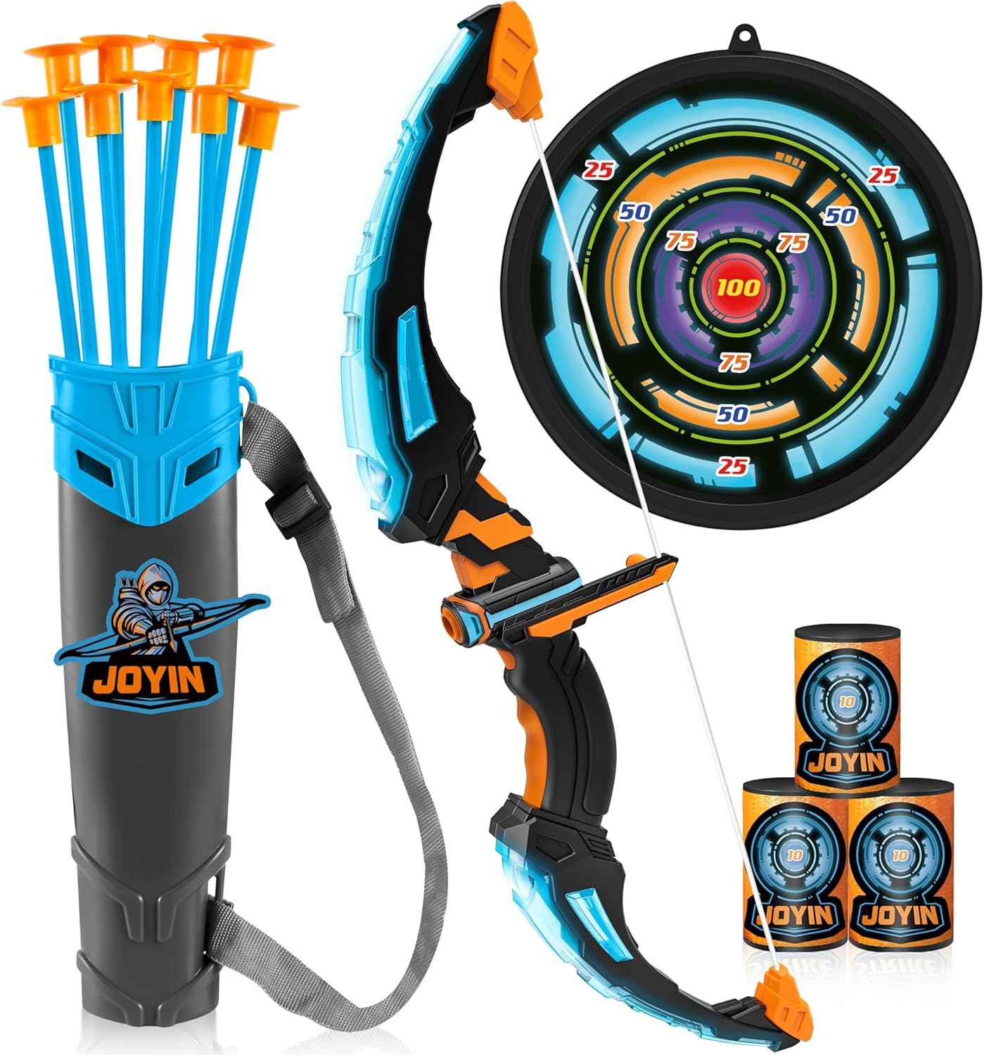JOYIN Kids Bow and Arrow Set, LED Light Up Archery Toy Set with 9 Suction Cup Arrows, Target & Arrow Case, Indoor and Outdoor Hunting Play Gift Toys for Kids, Boys & Girls Ages 6-12