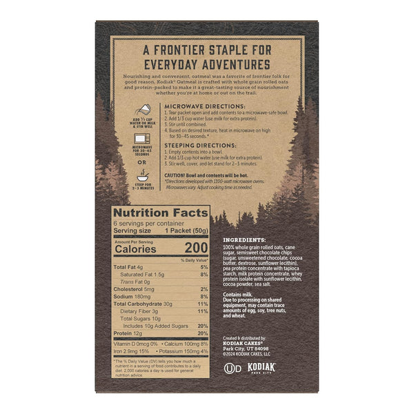Kodiak Instant Oatmeal Packets, Chocolate Chip, High Protein, 100% Whole Grains, 6 boxes with 6 packets each (36 packets total)