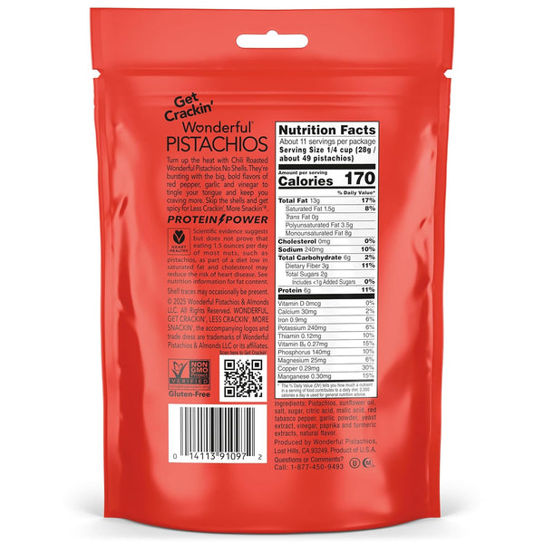 Wonderful Chili Roasted Pistachios, 11 Ounce Resealable Bag, Protein Snacks, Gluten Free, College Snacks