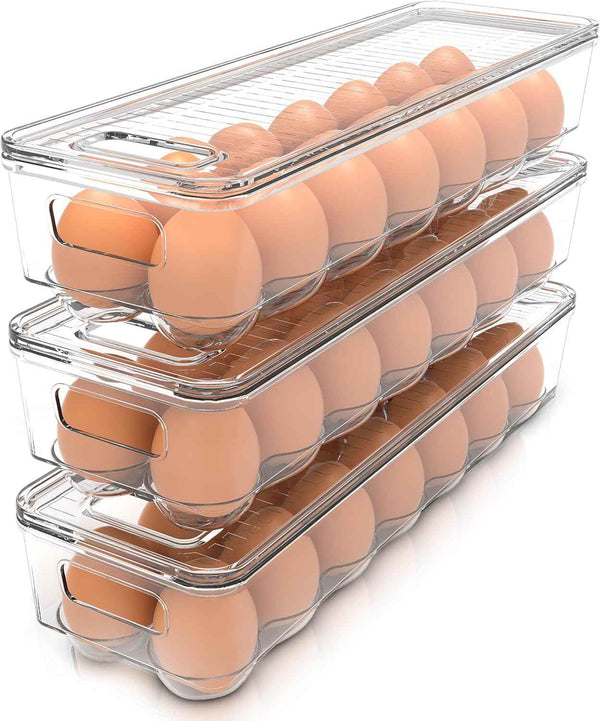 Utopia Home Egg Container With Lid and Handle for Refrigerator Organization- Pack of 2 - Clear Stackable Egg Holder for Kitchen or Pantry Organizers and Storage