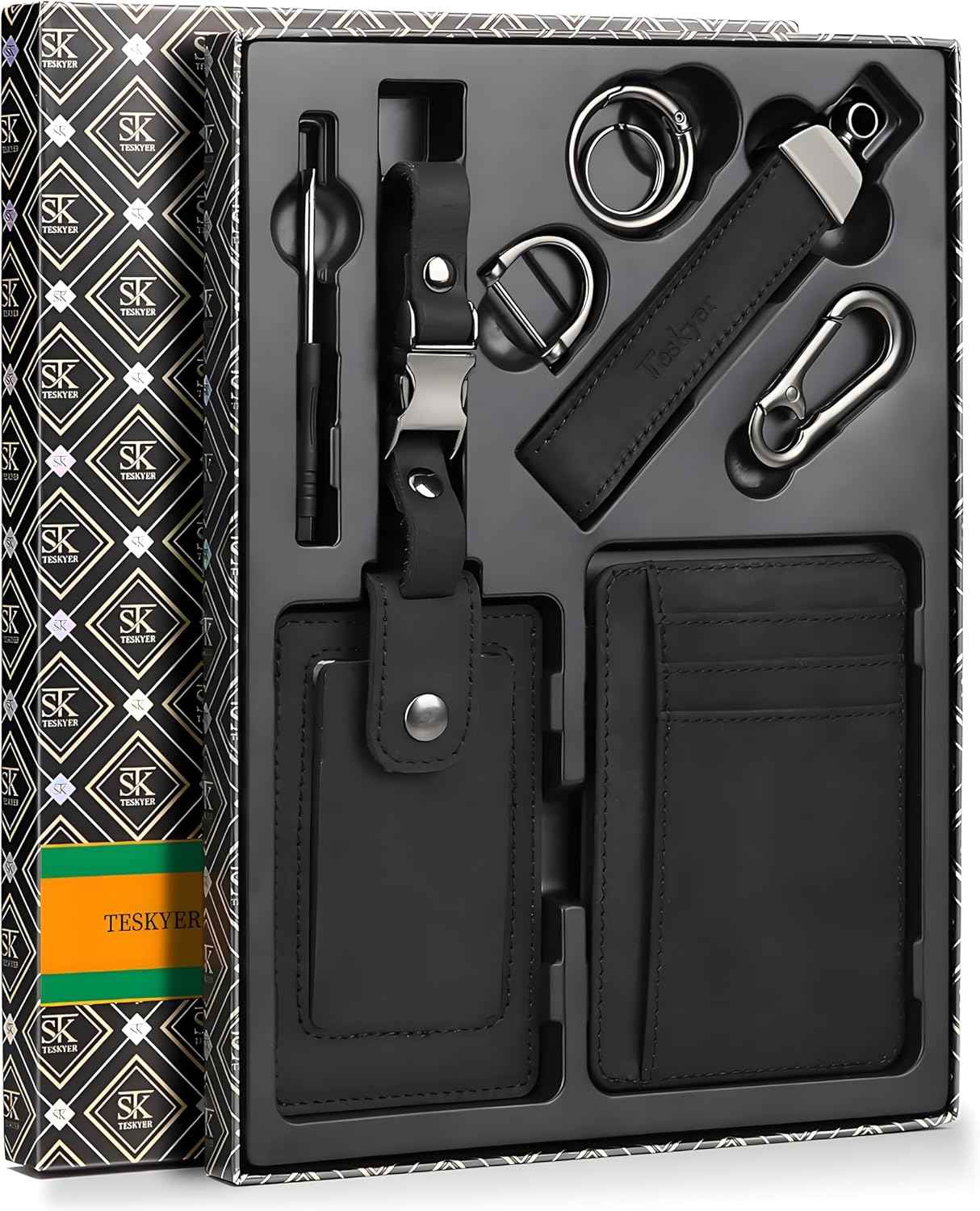 Teskyer RFID Slim Card Holder Wallet for Men, Genuine Leather Gift Set with Luxury Gift Packing - Includes Luggage Tag and Car Keychain - Gift for Dad, Valentine's Day, Birthday & Christmas (Coffee)