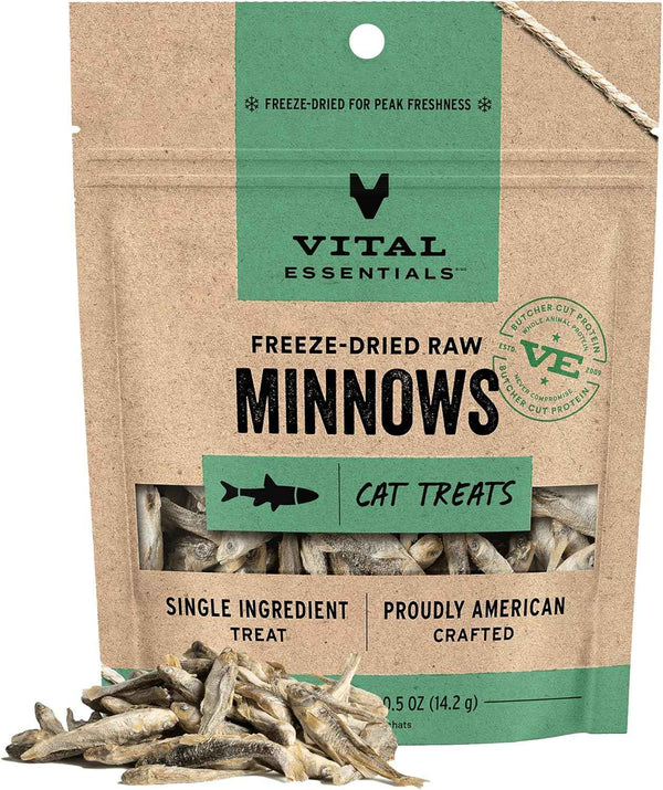 Vital Essentials minnows freeze-dried raw cat treats, 0.5 oz, single ingredient, grain free, gluten free, filler free