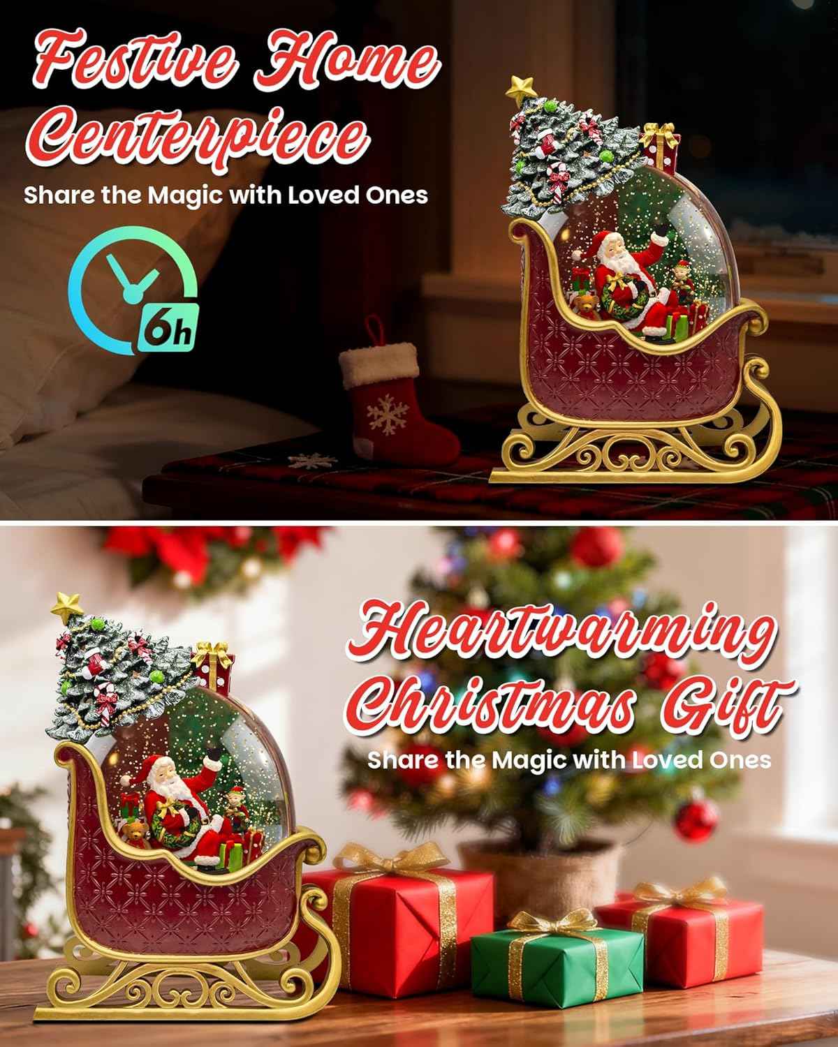 Christmas Santa Snow Globe Light up Lantern with 8 Songs, 9.17" Red Christmas Snow Globes for Kids Adults, 6H Timer & Dual Power, Snowglobes Christmas Decorations Indoor, Gifts for Women Men