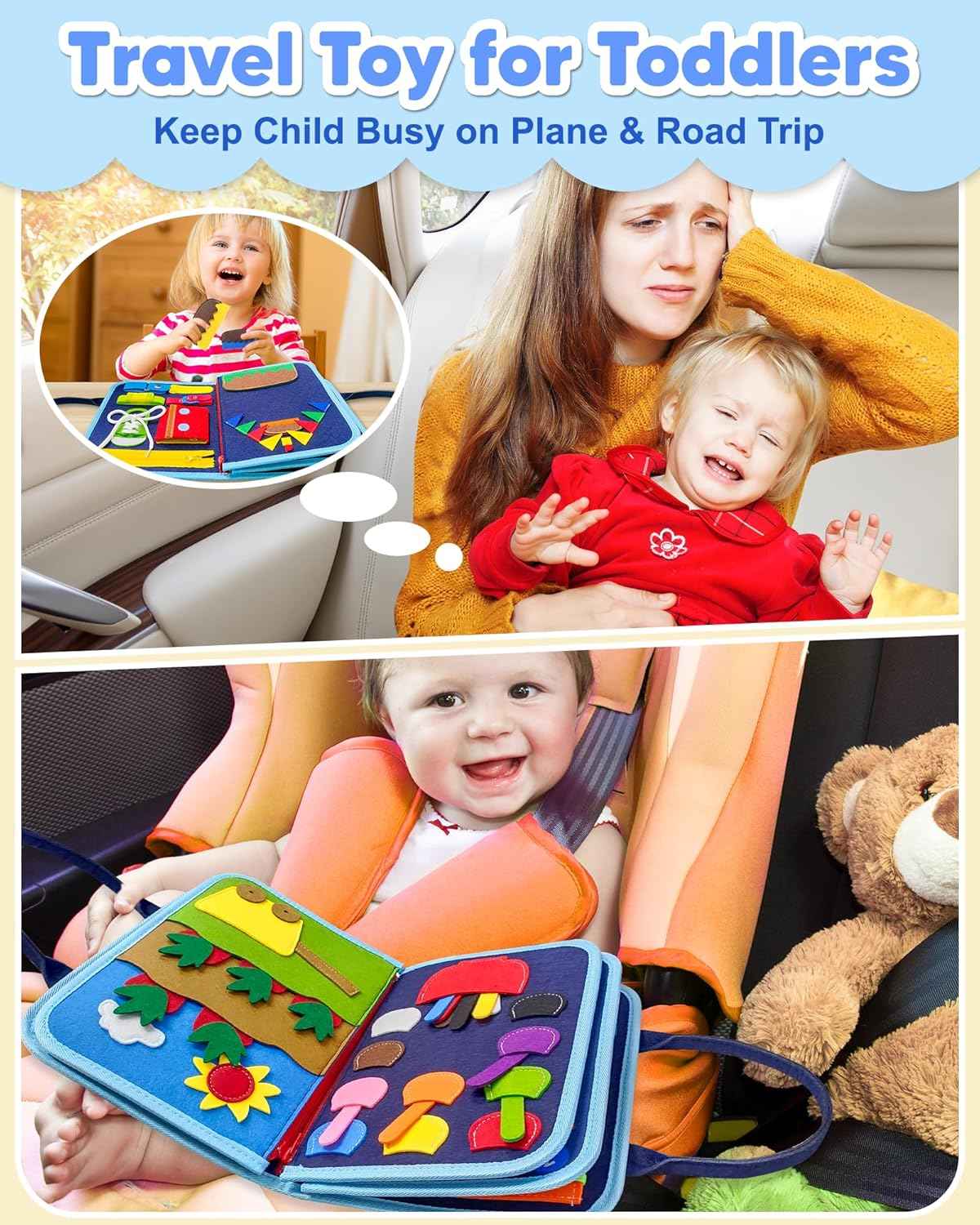 Exorany Busy Board Montessori Toys for Toddler Boy Birthday Gifts, Busy Book Sensory Learning Toys for Toddlers, Toddler Boy Airplane Car Travel Toy Educational Activities