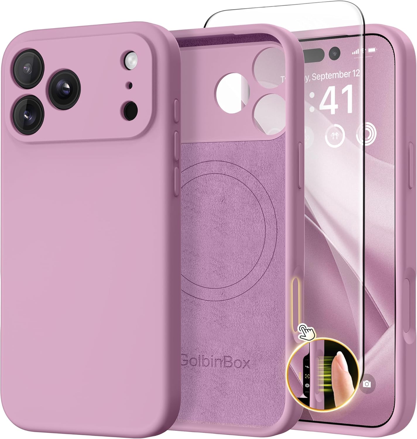 GolbinBox Magnetic for iPhone 17 Pro Max Case, Compatible with MagSafe, [Full Camera Protection] [Screen Protector], Silicone Shockproof Phone Cover with Anti-Scratch Microfiber Lining, Chalk Pink