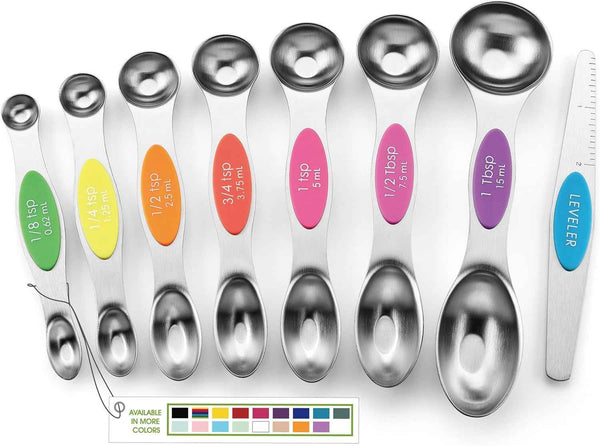 Spring Chef Stainless Steel Magnetic Measuring Spoons Set with Strong N45 Magnets, Heavy Duty Metal Kitchen Gadgets for Baking & Cooking, Fits in Most Kitchen Spice Jars, Set of 8 with Leveler, Black