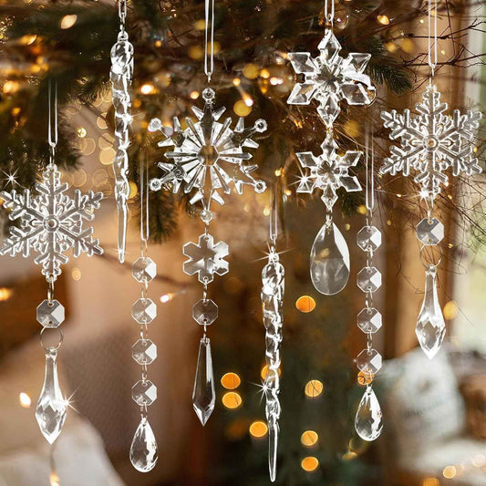 18pcs Crystal Christmas Ornaments for Tree Decorations-Hanging Acrylic Snowflake Icicle Ornaments with Drop Pendants for Winter Wonderland Chandelier Crystals Decorations Supplies