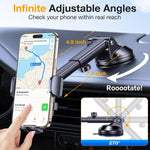 Phone holder for car dashboard, windshield, or vent with strong suction and adjustable arm