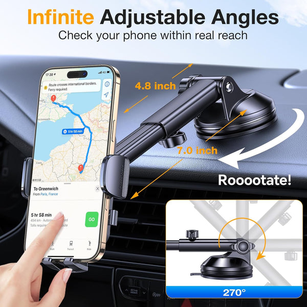 Phone holder for car dashboard, windshield, or vent with strong suction and adjustable arm
