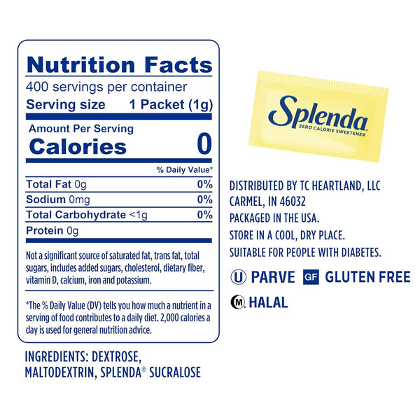 splenda zero calorie sweetener packets, 400 count, sugar free, made in usa, zero carb