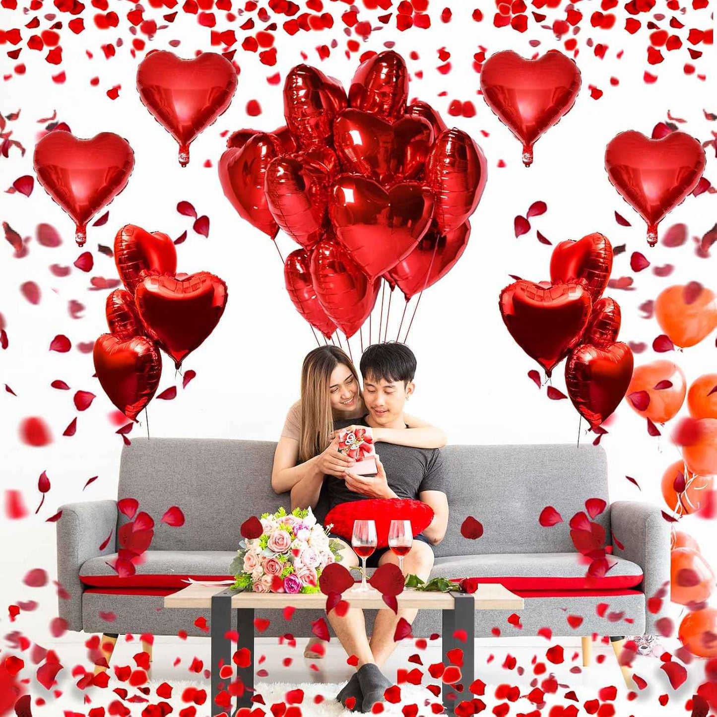 Fecedy Red Heart Shape Foil Mylar Balloons and Heart Shape roseleaf for Romantic Valentine's Day Wedding Bridal Shower Anniversary Engagement Party Decorations