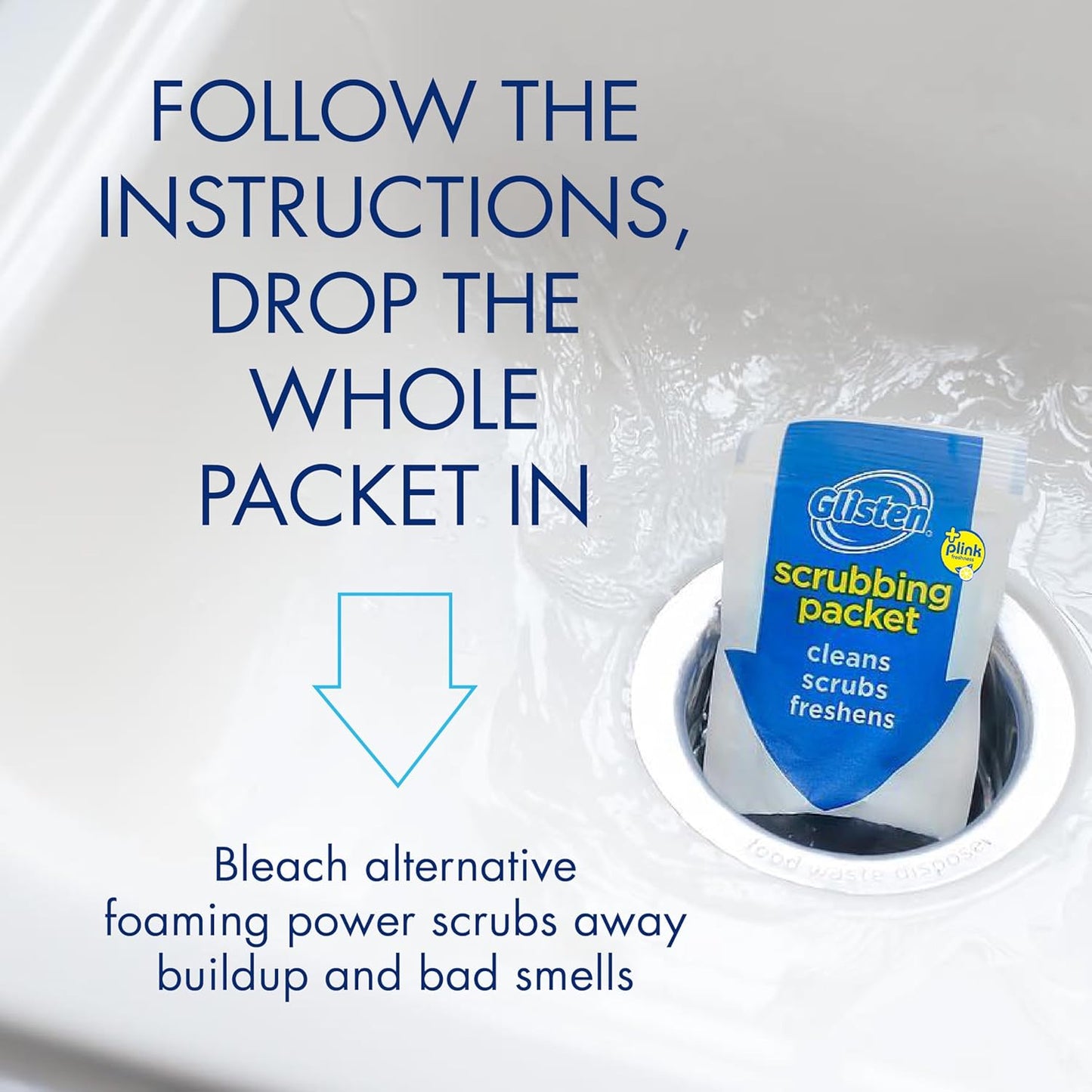 Glisten Garbage Disposer Cleaner and Freshener, Sink Disposal Odor Eliminator with Foaming Action, Lemon Scent, Made in the USA, 4 Packets
