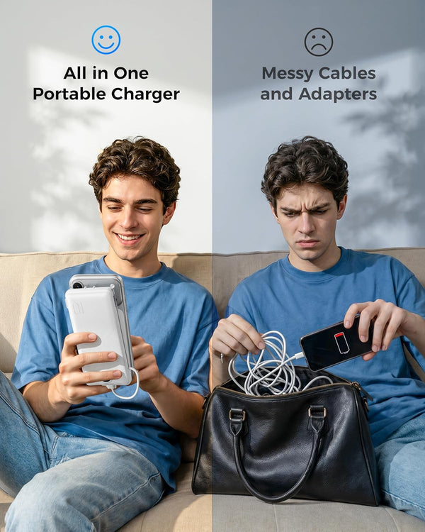 VEGER Portable Charger with Built-in AC Plug and Cables, All in One 10000mAh Ultra Slim Power Bank Travel Essentials, Fast Charging Battery Pack Compatible with iPhone, Samsung, Android, White