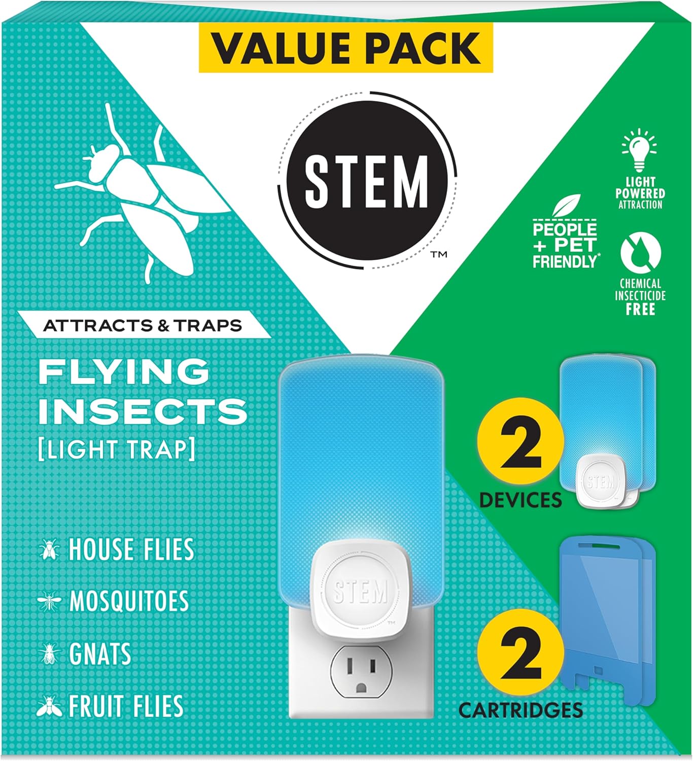 STEM Light Trap: Indoor Fruit Fly Trap, Effective Insect Control for Home, Attracts and Traps Flying Insects, Emits Soft Blue Light, Starter Kit with 2 Plug-In Devices and 2 Cartridges