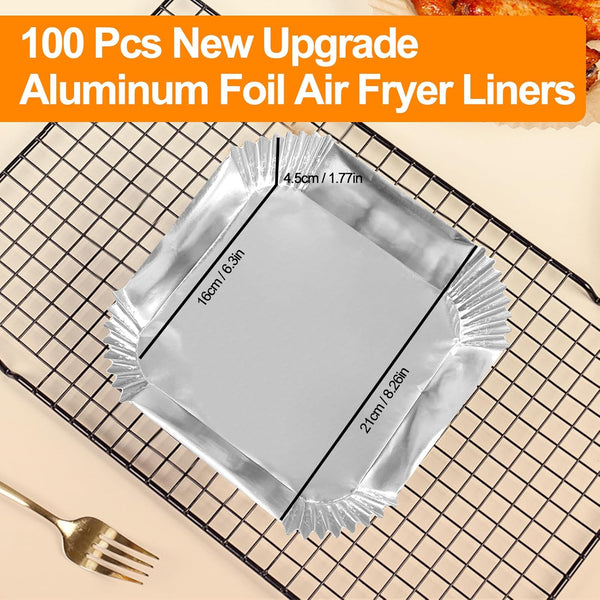 Air Fryer Paper Liners, 100Pcs Aluminum Foil Air Fryer Disposable Paper Liner, 6.3” Square Non-stick Sheets, Food Grade Aluminum Foil for Baking, Frying, Grilling, Roasting Microwave