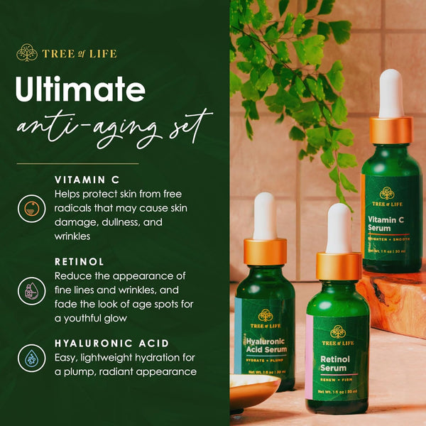 Tree of Life Beauty Facial Skin Care Set, 3 count, 1 fl oz each, Vitamin C, Retinol, Hyaluronic Acid, for dry and sensitive skin