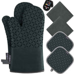 KEGOUU Oven Mitts and Pot Holders 6pcs Set, Kitchen Oven Glove High Heat Resistant 500 Degree Extra Long Oven Mitts and Potholder with Non-Slip Silicone Surface for Cooking (Grey)