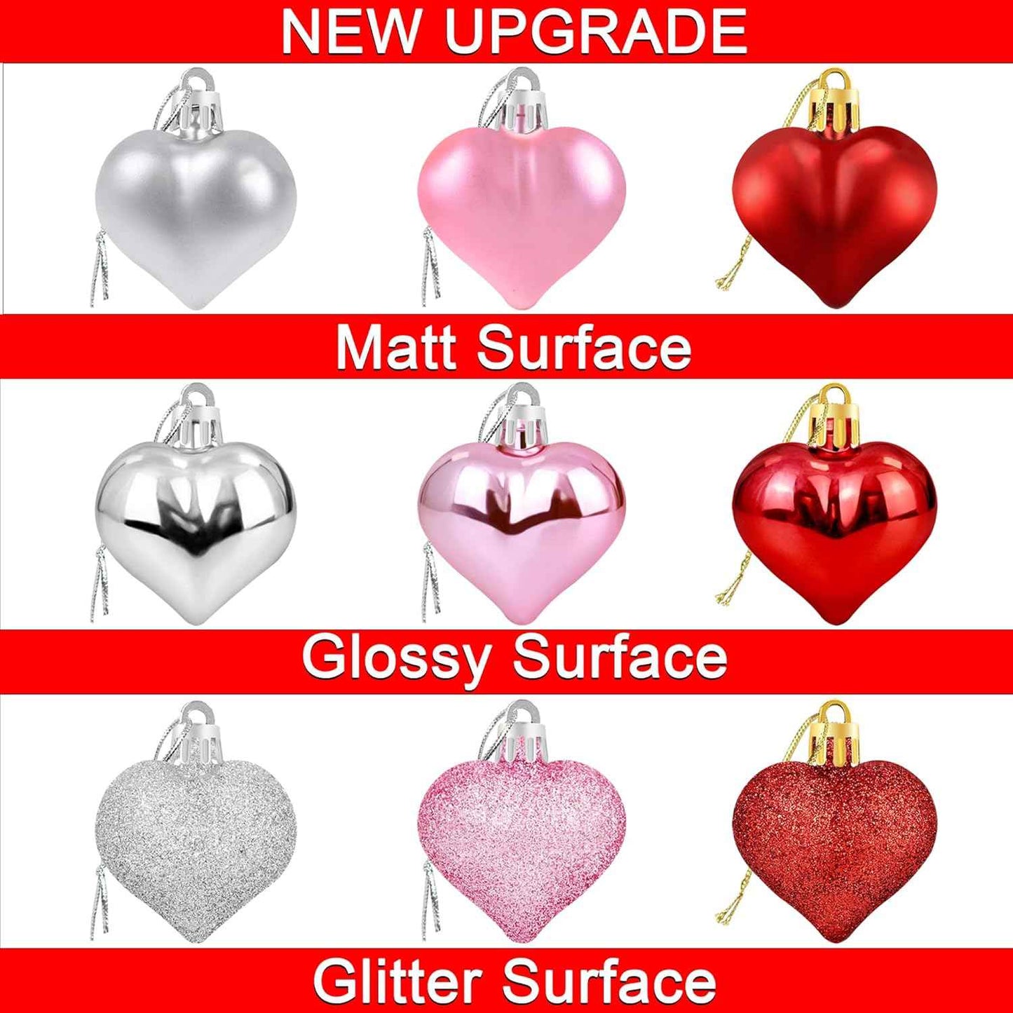 36Pcs Valentines Heart Shaped Ornaments - Valentines Heart Decorations - Red Pink Silver Glitter Heart Shaped Baubles - Romantic Christmas Valentines Tree Hanging Decorations