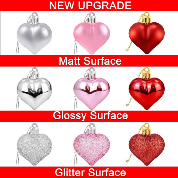 36pcs valentines heart shaped ornaments with red pink silver glitter baubles decorations set