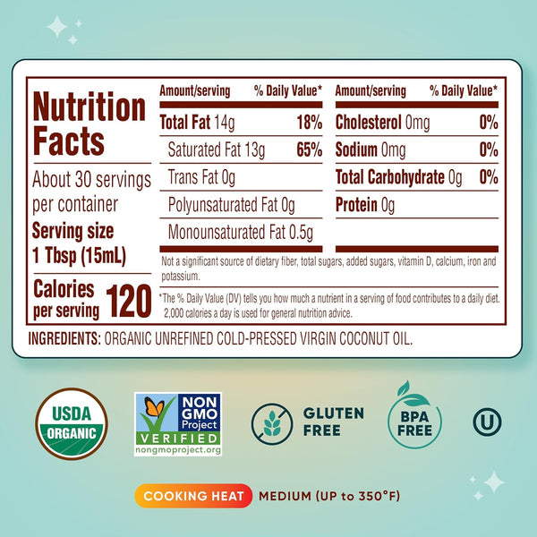 nutiva organic cold-pressed unrefined 15-ounce virgin coconut oil non-gmo sustainably farmed coconuts