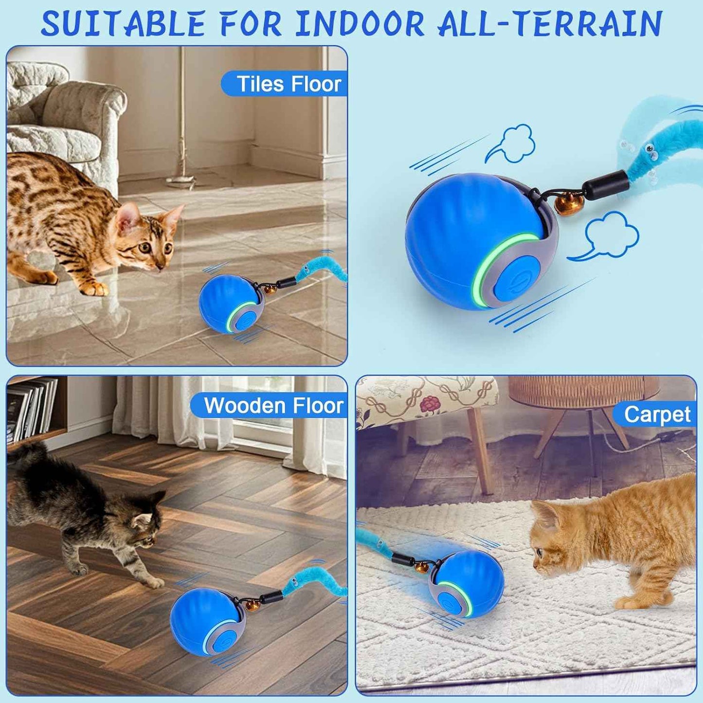 BABORUI Interactive Cat Toy Ball - Automatic Interactive Cat Toys for Indoor Cats with 3 Tails, 2 Speeds Rechargeable Cat Enrichment Toys for Small/Medium/Large Cats to Keep Them Busy(Blue)